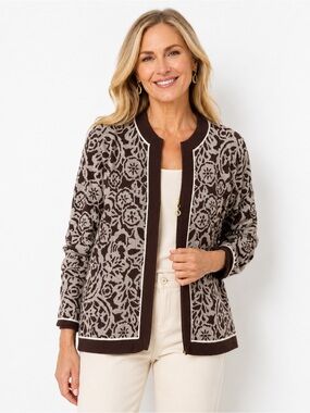 St John Collection Marie Gray Zip Knit Jacket Brown Ivory Floral USA Sz 12
